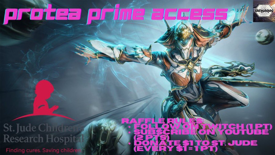 Last days to enter to win Protea Prime Access (Highest Tier) #Warframe 

Here’s how:
1️⃣ Follow on Twitch (1pt)
2️⃣ Subscribe on YouTube (2pts)
3️⃣ Donate to #StJudePlayLive (every $1 equals 1pt)

Random draw May 20

tiltify.com/@dezsaras/st-j…

Due to X algorithm any RTs appreciated