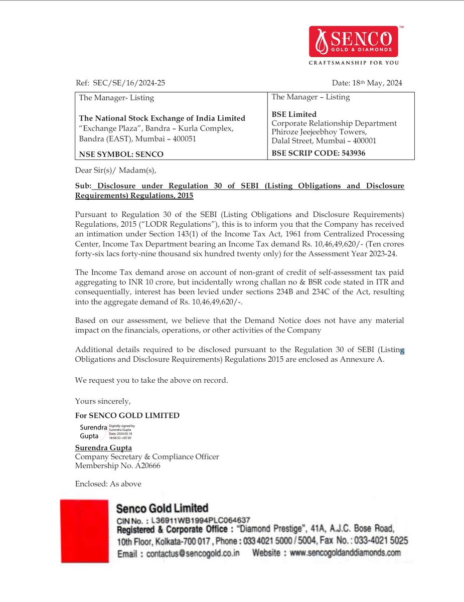 Senco Gold #SENCOGOLD #SENCO Only 10.46 cr tax demand for the assessment year 2023-24 due to an error in the self-assessment tax filing, where the wrong challan number and BSR code were entered. Company plans to correct this error by filing an online rectification