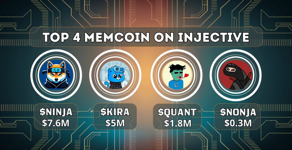 Purson77's tweet photo. Explore the Top 4 MemeCoin on @Injective ⚡️

🐶 @dogwifnunchucks - $7.6M
😼 @kiraoninjective - $5M
🦸 @InjectiveQuants - $1.8M
🥷 @nonja_inj - $0.3M

There are more meme tokens ahead of us! Stay tuned 🚀 https://t.co/3a2pt9Szu9