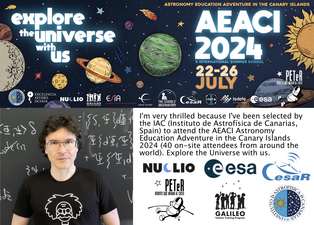 I'm very thrilled because I’ve been selected by the @IAC_Astrofisica (Instituto de Astrofísica de Canarias, Spain) to attend the AEACI Astronomy Education Adventure in the Canary Islands 2024 (40 on-site attendees from around the world).
@nuclio_pt @galileoteachers @esa_cesar_en