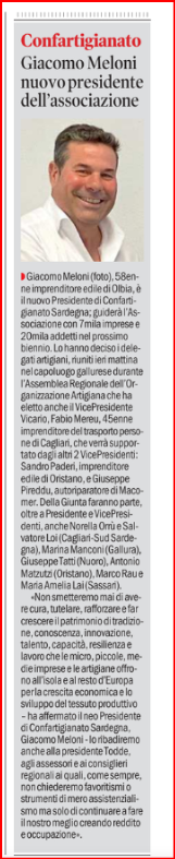 Ieri su @LaNuovaSardegna Giacomo #Meloni nuovo Presidente di #Confartigianato #Sardegna @confartigianato