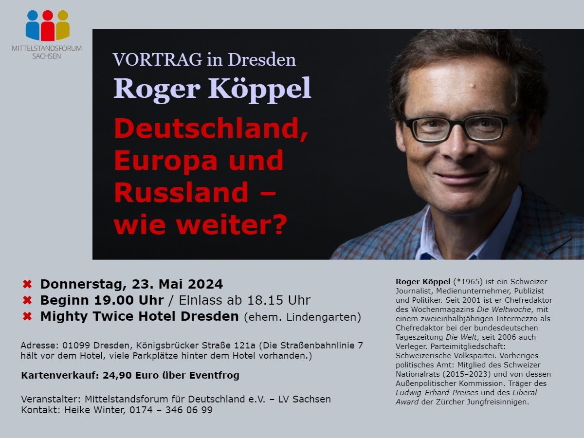 Am 23.05. wird Roger Köppel in #Dresden einen Vortrag zur Beziehung mit #Russland halten. Er gilt als Verteidiger der Politik Putins. Interessanter Fun Fact: ursprünglich sollte den G. Krone-Schmalz halten. Lasst uns dort ab 18 Uhr protestieren u. russ. Desinformation bekämpfen.