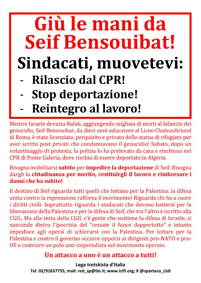 Libertà per Seif Bensouibat!
#SeifBensouibat #Palestina #repressione #PonteGalera #cpr #deportazione #solidarieta #cgil #sindacati #PalestinaLibera