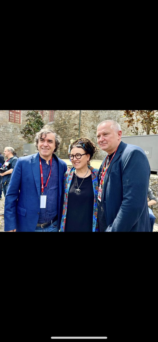 LLaluyaux's tweet photo. Olga Tokarczuk, Mircea Cǎtǎrescu and Géorgui Gospodinov talking about Central European literature together at the @FestivalEV in Saint-Malo today - simply breathtaking. https://t.co/DBzYdoQTxY