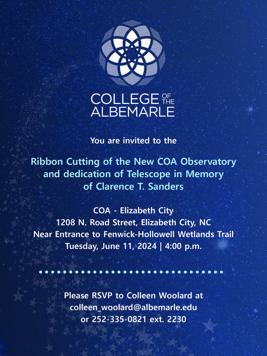 ‼️SAVE THE DATE‼️
You are invited to join us for the ribbon cutting of the new COA Observatory and dedication of Telescope in Memory of Clarence T. Saunders at COA - Elizabeth City.
🐬🔭
RSVP to Colleen Woolard at colleen_woolard@albemarle.edu or call 252-335-0821 ext. 2230