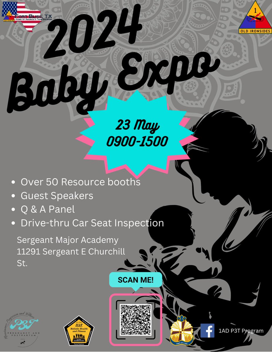 Calling All Expectant and Post-Partum Soldiers and Spouses! 👶 Mark your calendars for the 2024 Baby Expo this Thursday on May 23, 2024 from 9:00 a.m. to 3:00 p.m. at the Sergeants Major Academy, Fort Bliss, TX. This is a must-attend event for all things baby-related!