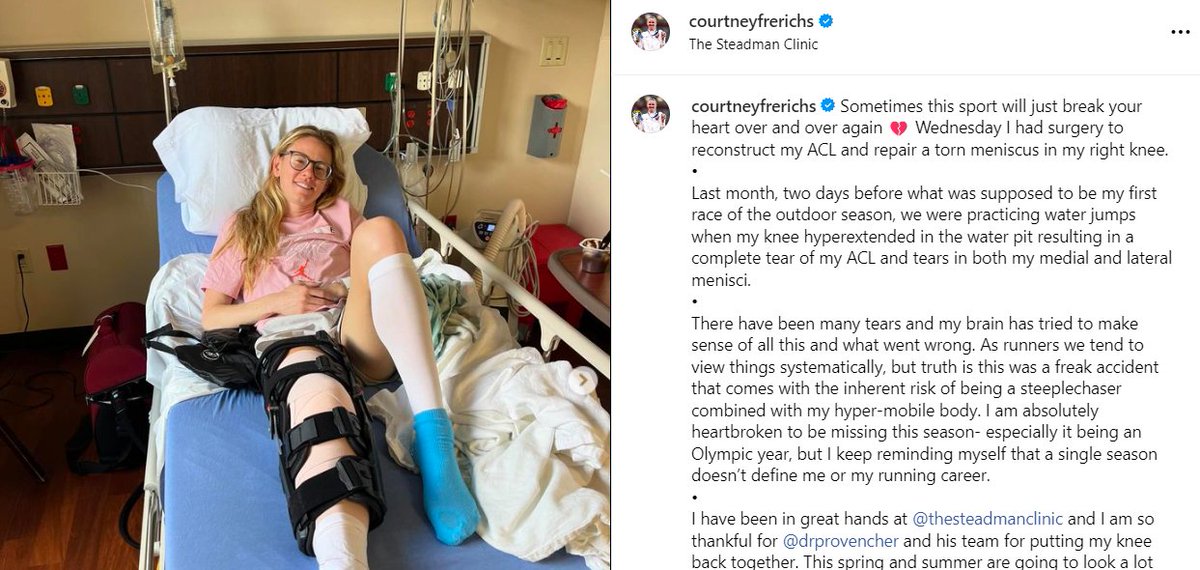 Courtney Frerichs announces she tore her ACL after landing awkwardly in practice last month. Just a brutal spring for US steeplechase legends. Both Frerichs and Emma Coburn suffered major injuries on awkward landings into the water pit. letsrun.com/forum/flat_rea…