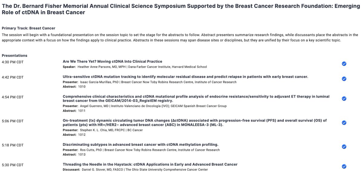 Already looking fwd to #ASCO2024! 

Honored to discuss 4 great #breastcancer #liquidbiopsy abstracts w @hthrparsons @DFCI_BreastOnc:

*⃣Garcia-Murillas (#1010) @ICR_London 
*⃣@AngelZotano (#1011) @GEICAM 
*⃣Chia (#1012) @BCCancer 
*⃣Cutta (#1013) @ICR_London

 @OSUCCC_James