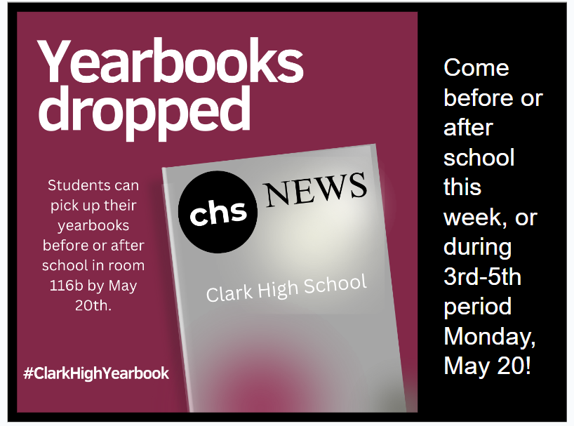 clarkhighYB's tweet photo. The Clark yearbooks are here! We still have a few extra copies available for $65 cash. Come to room 116B before or after school this week, and bring your ID for verification. In addition, we will be in room 116B during third, fourth and fifth periods on Monday, May 20. https://t.co/h34i9kLoEh