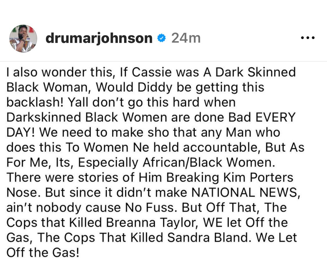 Dr. Umar calls out people for not speaking out against Diddy when there were stories of him breaking Kim Porter's nose and questions whether Diddy would face the same backlash if Cassie were a dark skinned Black woman.