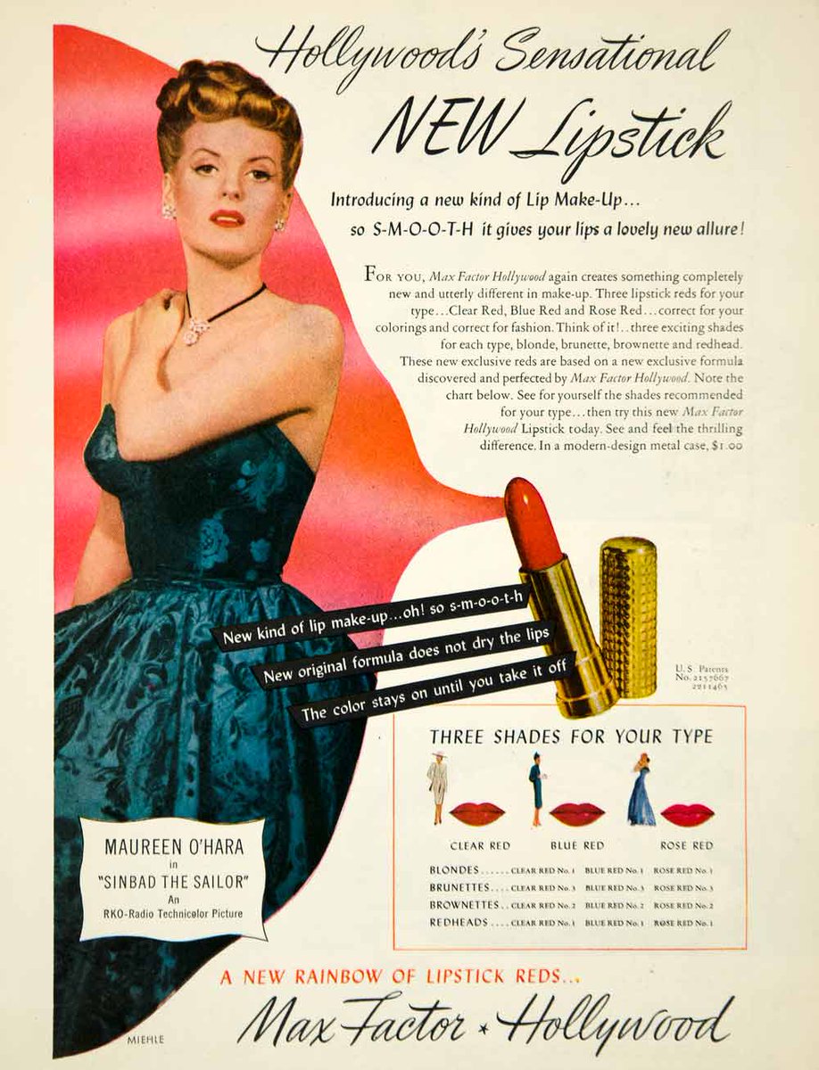 Maureen O’Hara for Hollywood’s Sensational New Lipstick by Max Factor in 1946