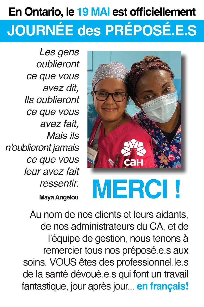 Aujourd'hui, 19 mai: JOURNÉE des préposés et préposées aux bénéficiaires! Que ferait-on sans vous! Merci mille fois! #PSWDay #journéedespréposés #enfrancais #gratitude #CAH #aînés