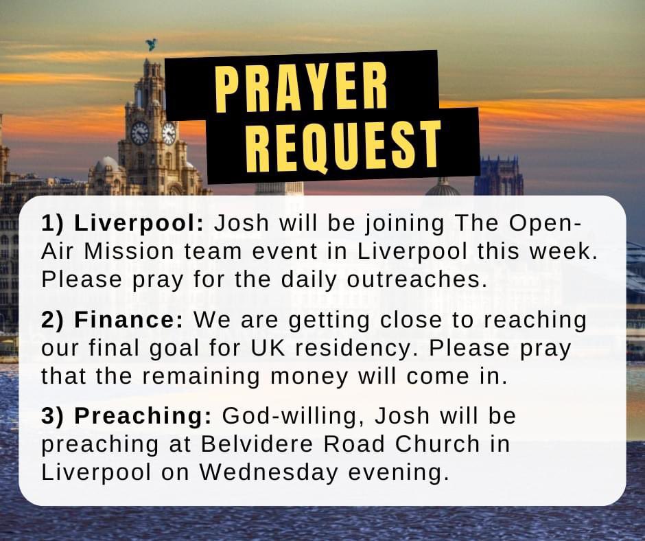 Weekly Prayer Request - 19th May 2024

"... brothers and sisters, pray for us that the word of the Lord may spread rapidly and be honoured..." (2 Thessalonians 3:1)

If you would like to help us remain in the UK, please donate via: gofund.me/d74e2b40 

#Evangelism