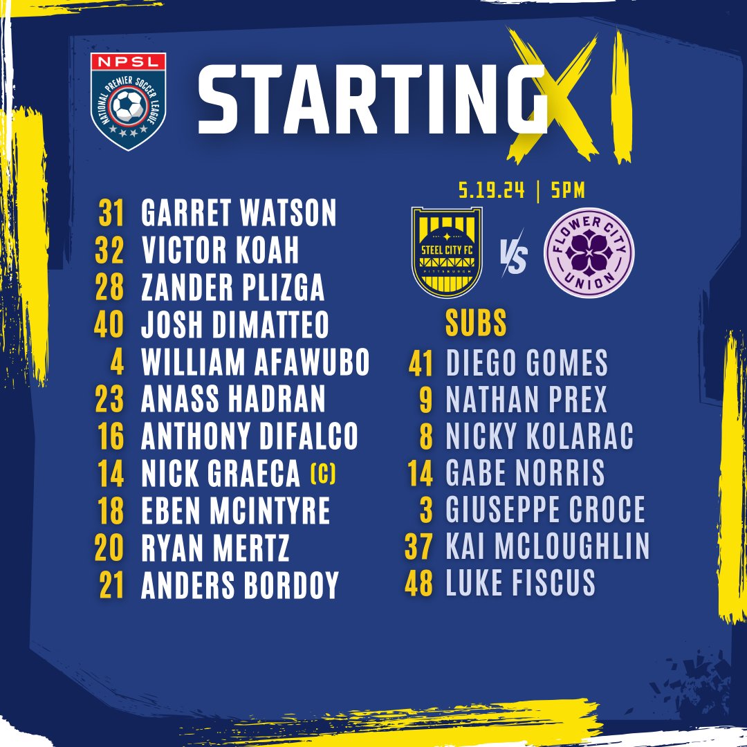 Here are your Starting XI for today's home matchup against @FlowerCityUnion!

Get to Founders Field 5pm kickoff!

🎟 app.gopassage.com/events/24009
📺youtube.com/watch?v=D8p1wv…

#strongertogether #npsl #homegrown #pittsburghsoccer