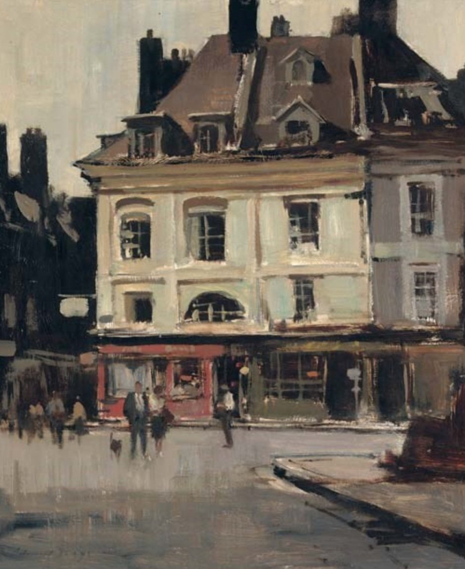 Painted in Dieppe, Edward Seago's picture (c1950) pays homage to Walter Sickert's 'The Red Shop, The October Sun,' a classic example of his Whistlerian-type shop and house fronts, in which he moved from vague definition in some works to a more careful, studied approach in others,