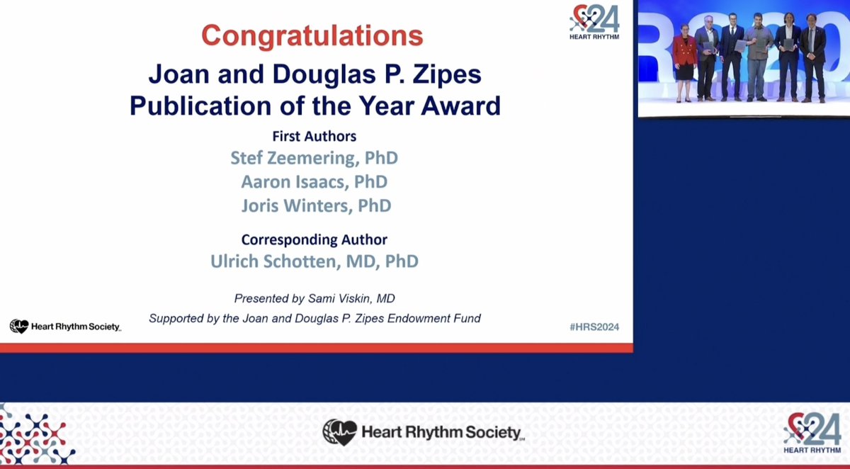 Congratulations!😀 Stef Zeemering , Aaron Isaacs, Joris Winters and Ulrich Schotten received this year’s Joan and Douglas Zipes Publication of the Year Award at Hashtag#HRS2024! Check out the excellent publication: lnkd.in/e79rSG8q. #Afib @stefzeemering @UliSchotten