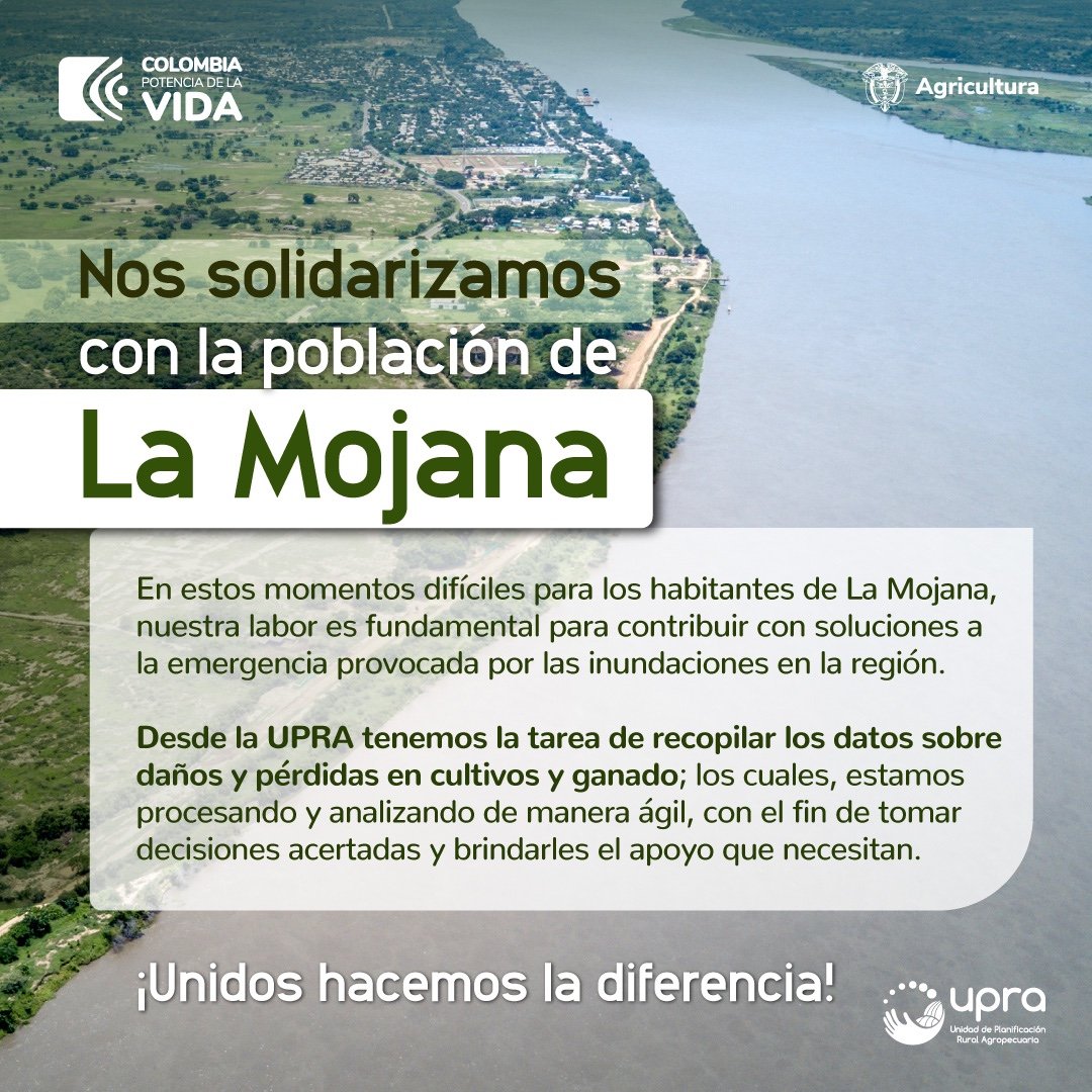 Juntos apoyamos la región de #LaMojana. Ante la coyuntura climática, la institucionalidad del sector #agro se une para brindar ayuda y atender la emergencia así: 🚰Adecuación de tierras: plan de acción para recuperar zonas cultivables afectadas en #LaMojana. ℹ️Medidas