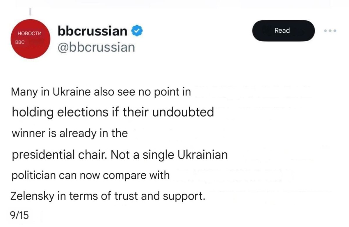 BBC Russia service is seriously arguing that Ukrainians actively do not want a Presidential election once Z's term ends, because he's so popular, there's 'no point'. Yeah, the guy responsible for getting everyone's brothers, fathers and uncles killed is universally beloved.