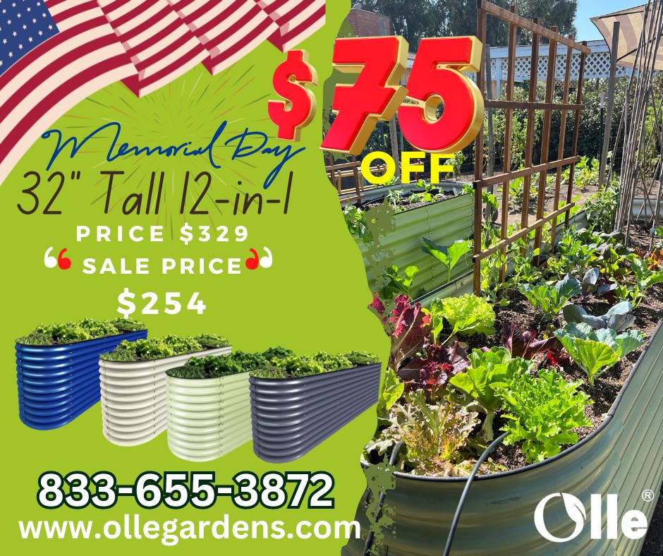 BIG Memorial Day on Olle Gardens 32' Tall 12-in-1. Get $75 off each bed. ollegardens.com

#ollegardens #plant4fun #ollegardenlife  #MemorialDaySale #GardeningLife #OutdoorLiving #GardenDecor #GardenInspiration #RaisedGardenBeds #GardenDesign #GardeningTips