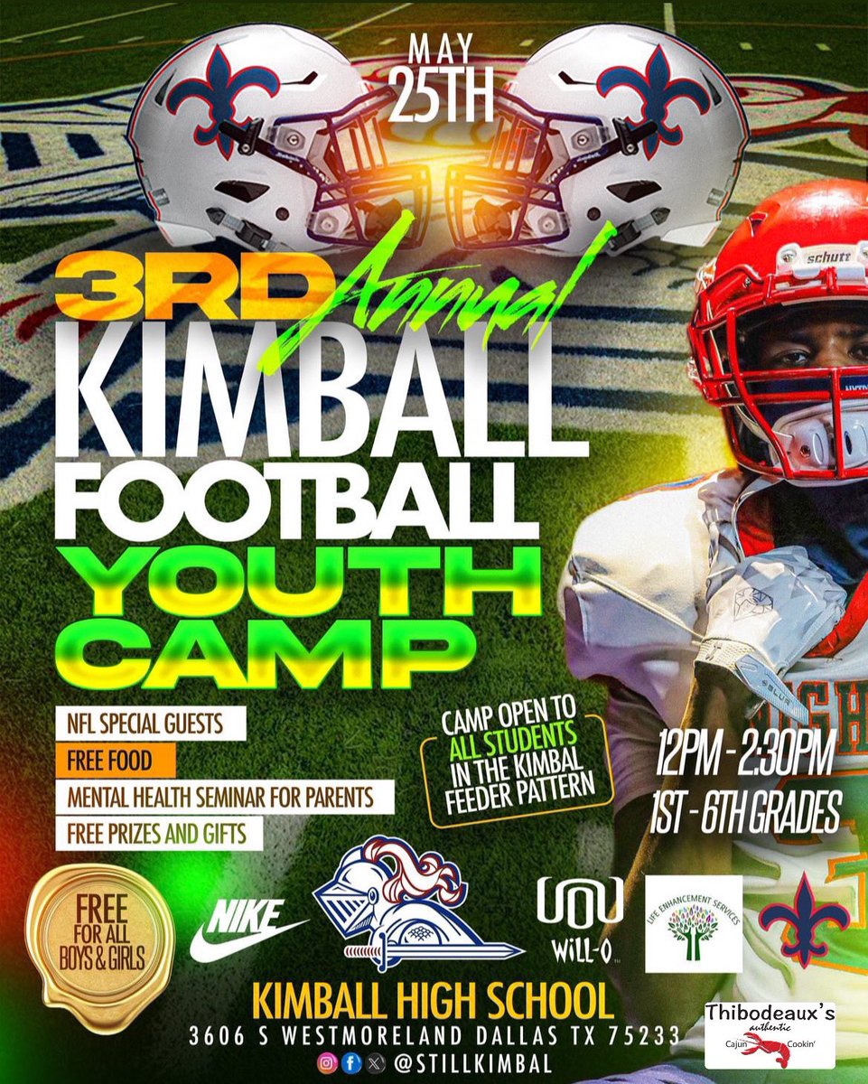 Free Youth Camp •Kimball Football Youth Camp @StillKimball •1st -6th Grade •MVP 🏆 to top Athletes •Free Mental Health Parent Seminar •Free Food Free Sign up Now 👇🏿👇🏿👇🏿 form.jotform.com/240895773338167