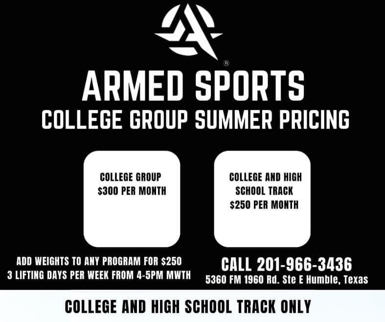 10am College Group (All Sports Currently in College and Going to College) 1pm College and HS track athletes 2pm Combine Training MS and HS