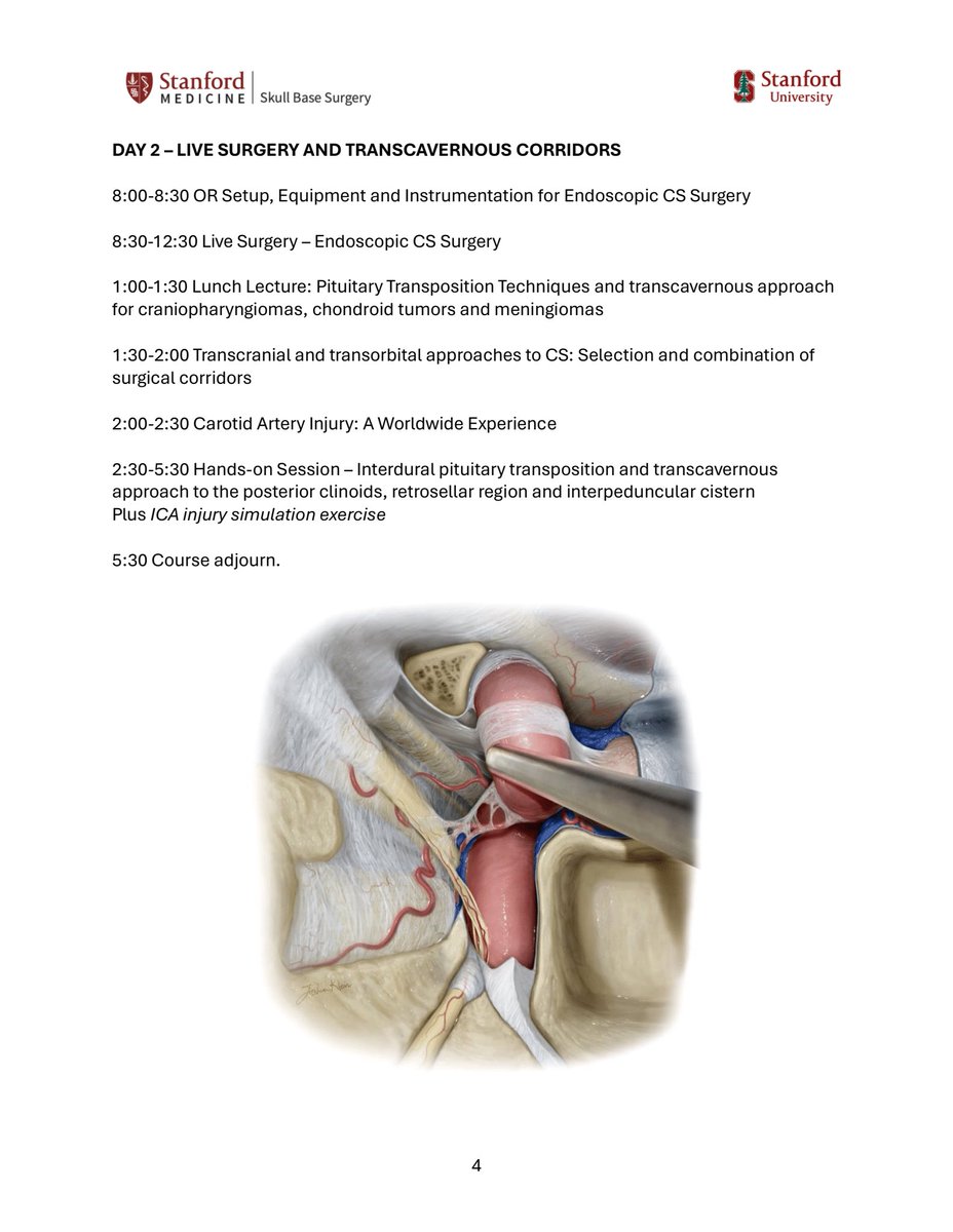 New! ENDOSCOPIC CAVERNOUS SINUS SURGERY COURSE 
3D Anatomy, HandsOn, Live Surgery

August 8-9, 2024 at Stanford University
 
Targeted for pituitary & skull base surgeons/teams interested in recently developed techniques 
Limited availability 
Inquiries - drjfm@stanford.edu