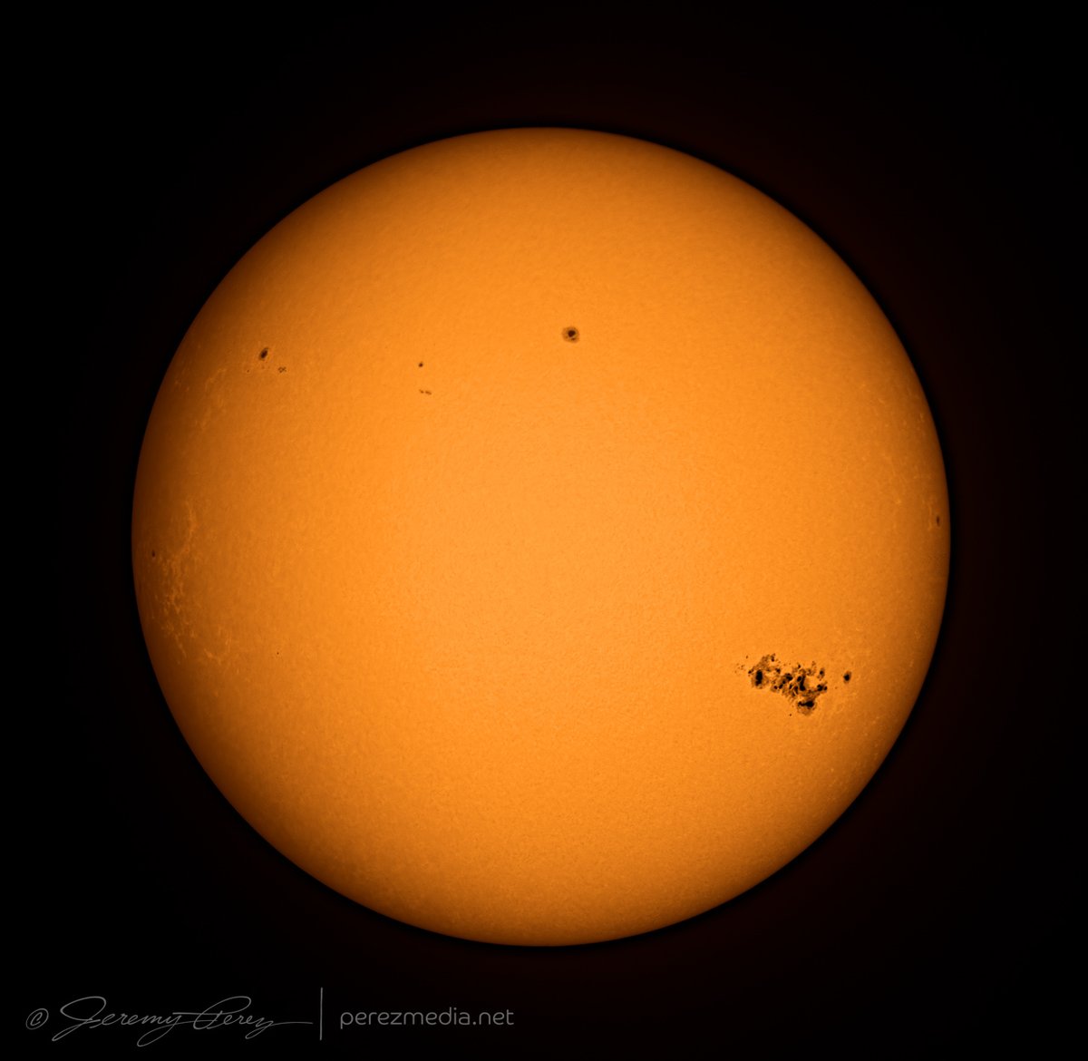The enormous sunspot group that caused all the hubbub last week before rotating to the back side.

May 10, EOS R5+Orion XT8+Baader filter. 83 frames stacked. Back focus on the XT8 is a sad state & involves handholding the camera with all intervening focus tubes/adapters removed.