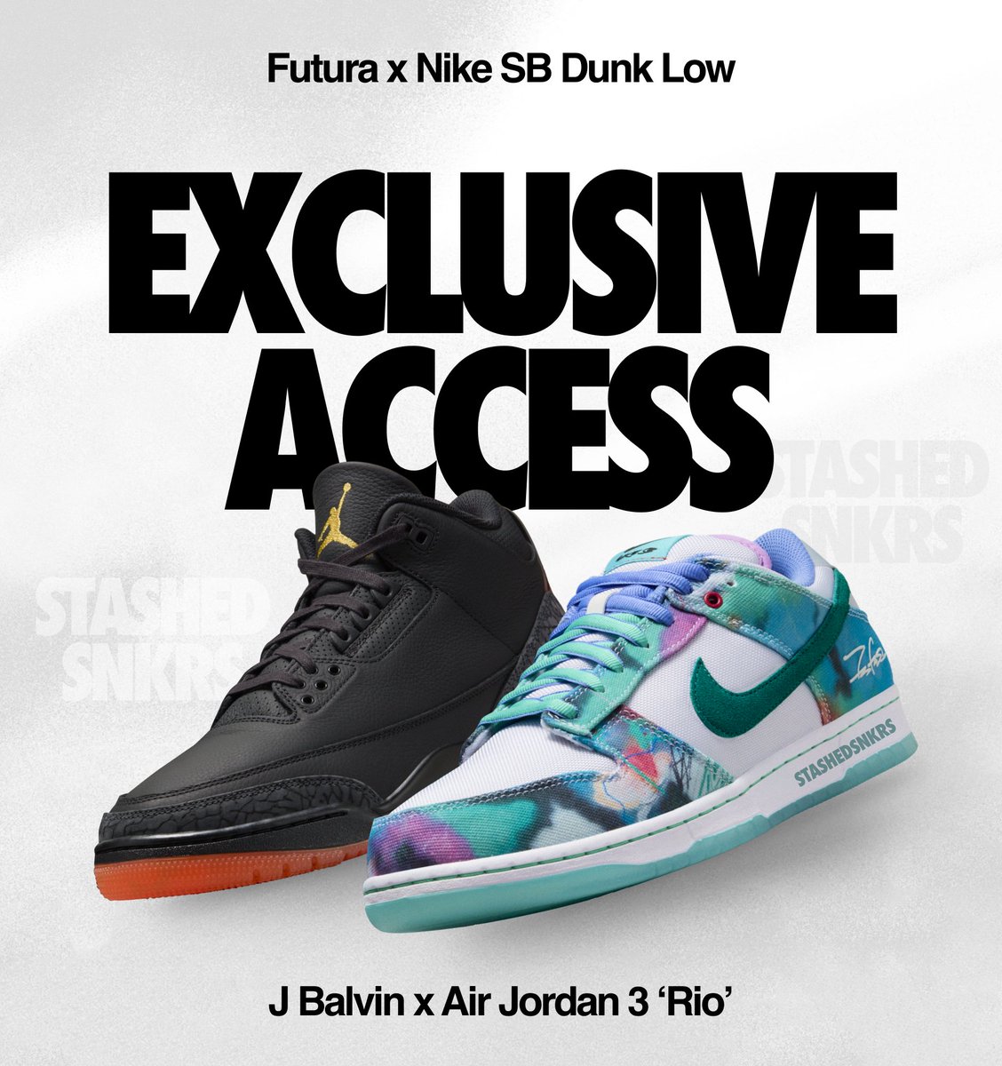 Exclusive access is coming tomorrow on SNKRS EU/UK for the Nike SB Dunk Low x Futura and Jordan 3 x J Balvin ‼️

➡️We’ll send you a notification in the Stashed Discord as soon as access goes out, since Nike usually doesn't. Join here - stashed-sneakers.com