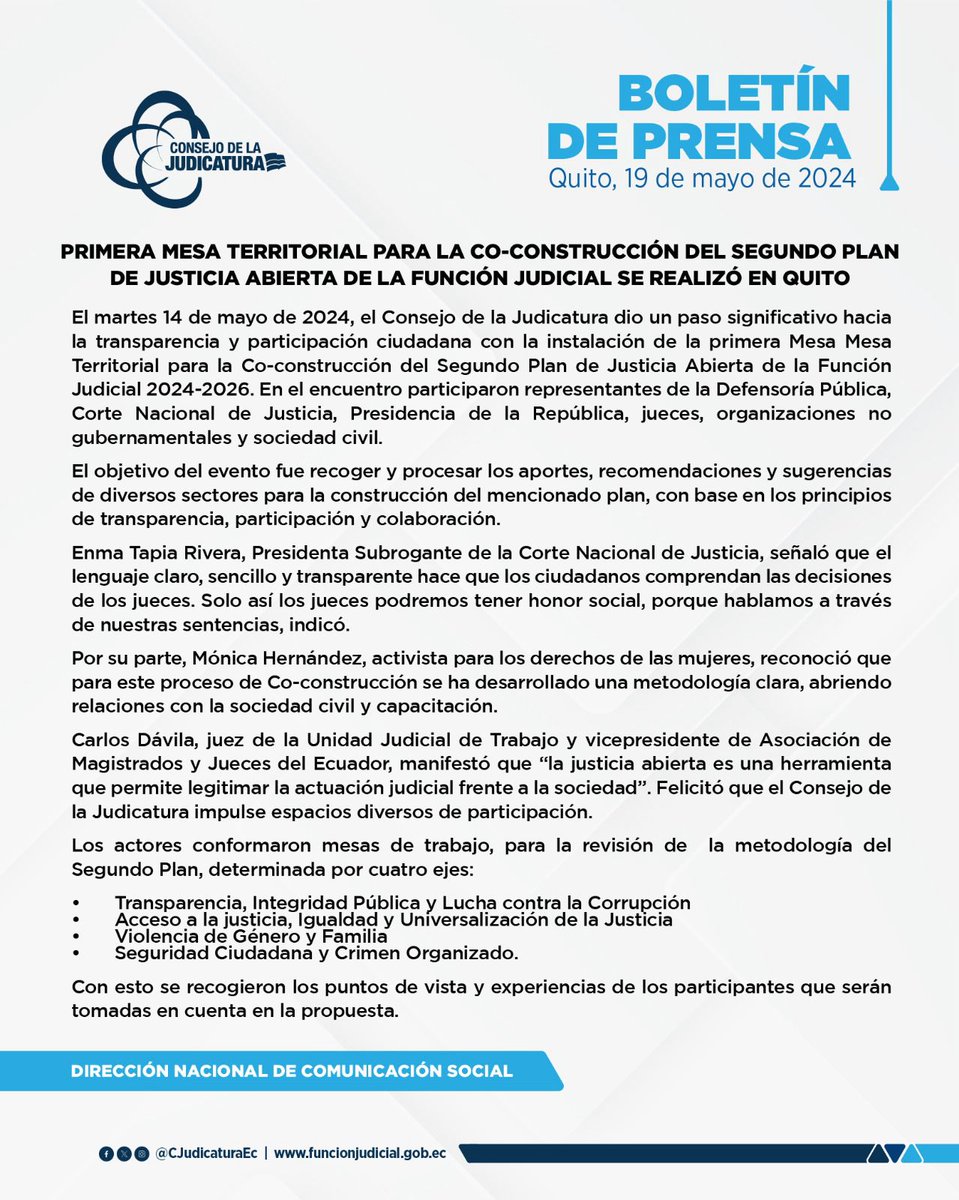 BOLETÍN | La primera Mesa Territorial para la Co-Construcción del Segundo Plan de Justicia Abierta se desarrolló en #Quito. Los aportes de instituciones y sociedad civil serán de gran importancia para el proyecto. #JusticiaAbiertaEcuador