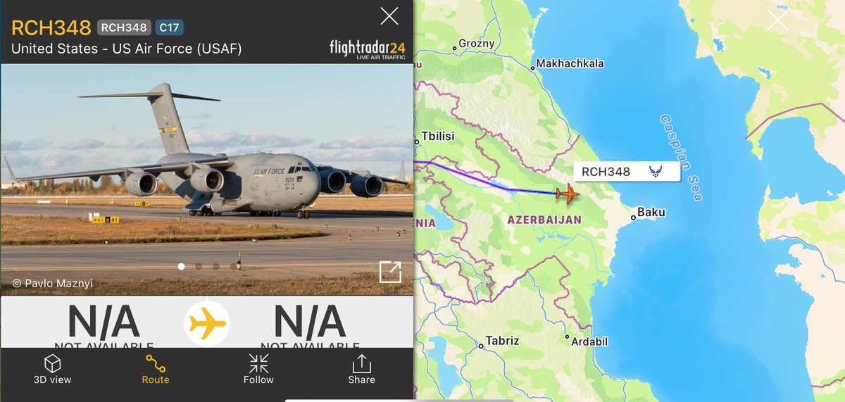 #NEW⚡️🇺🇸— US Air Force C-17 'RCH348 aircraft is landing NOW in Baku, the capital of Azerbaijan.