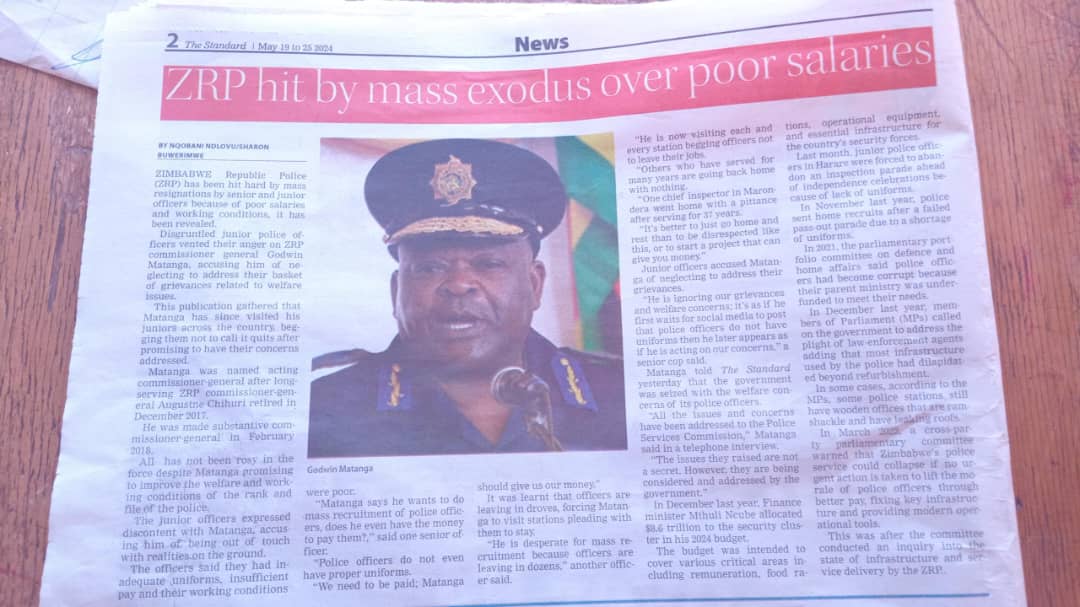 ZRP hit by massive resignation due to poor salaries & poor working conditions. COZWVA warned two months ago. ED hates ZRP despite police hard work in providing security. CIO itself get clues & leads from PISI bt a CIO operative get US$550 when Jnr police Intel officer get US$200