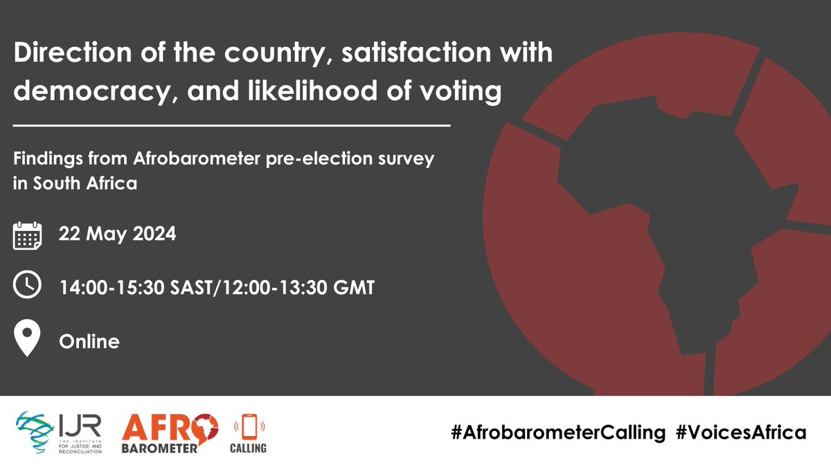 Afrobarometer (@afrobarometer) on Twitter photo On Wednesday, 22 May, our Southern African partner, the Institute for Justice and Reconciliation (<a href="/_IJR_/">The Institute for Justice and Reconciliation #IJR</a>), will unveil key findings from a pre-election telephone survey.
In this survey conducted using a representative sample of 1,800 South Africans, we ask citizens about their On Wednesday, 22 May, our Southern African partner, the Institute for Justice and Reconciliation (<a href="/_IJR_/">The Institute for Justice and Reconciliation #IJR</a>), will unveil key findings from a pre-election telephone survey.
In this survey conducted using a representative sample of 1,800 South Africans, we ask citizens about their
