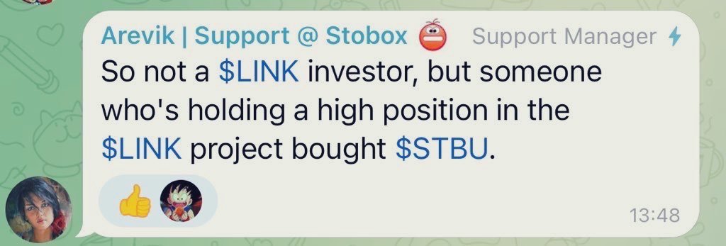 @QuintenFrancois Probably

I also heard $LINK is getting into #RWA

Did you know that $LINK HAD A MEETING WITH $STBU 2 days ago? 

At the same meeting, a $LINK team member bought some $STBU !

Stobox is a tokenisation company with 6 yrs experience in the #RWA industry

$LINK $STBU partnership 🤷🏼‍♂️