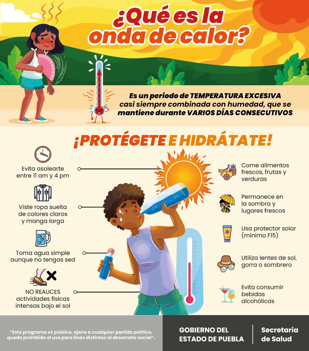 🥵🌡️Ante las altas temperaturas, toma en cuenta estas recomendaciones de @SaludGobPue.
