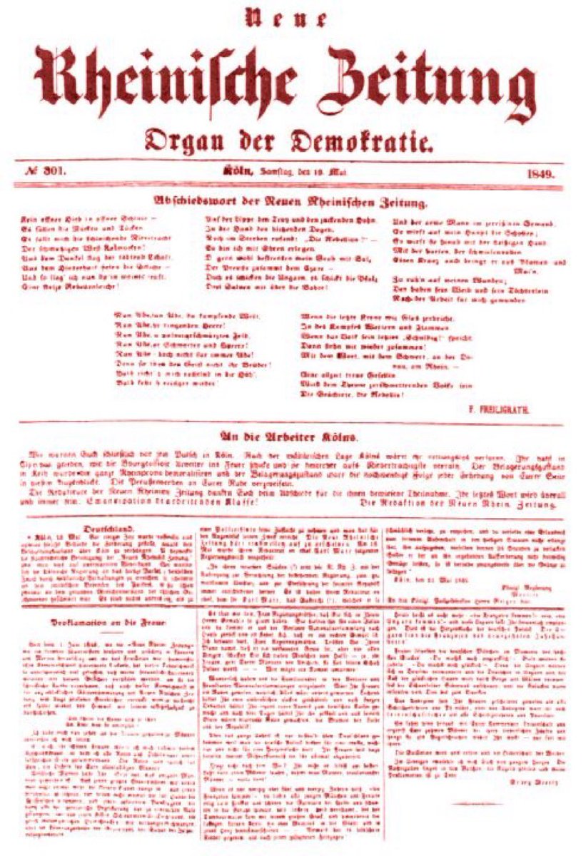 1849 wird die von Karl Marx in Köln herausgegebene Neue Rheinische Zeitung nach dem Scheitern der Märzrevolution in der preußischen Rheinprovinz eingestellt.