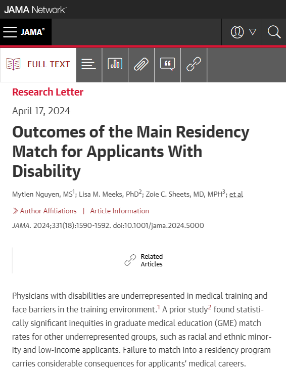 Cohort study assesses match rates of US applicants with and without disability into specialty residence programs. ja.ma/3wCriG1