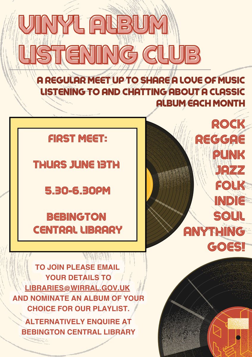 🎵 Coming to Bebington Central on Thurs June 13th! A BRAND NEW monthly Vinyl Listening Club! A monthly meet up to share a love of listening to and chatting about music - choosing a classic album every month! To join please email libraries@wirral.gov.uk and nominate an album!