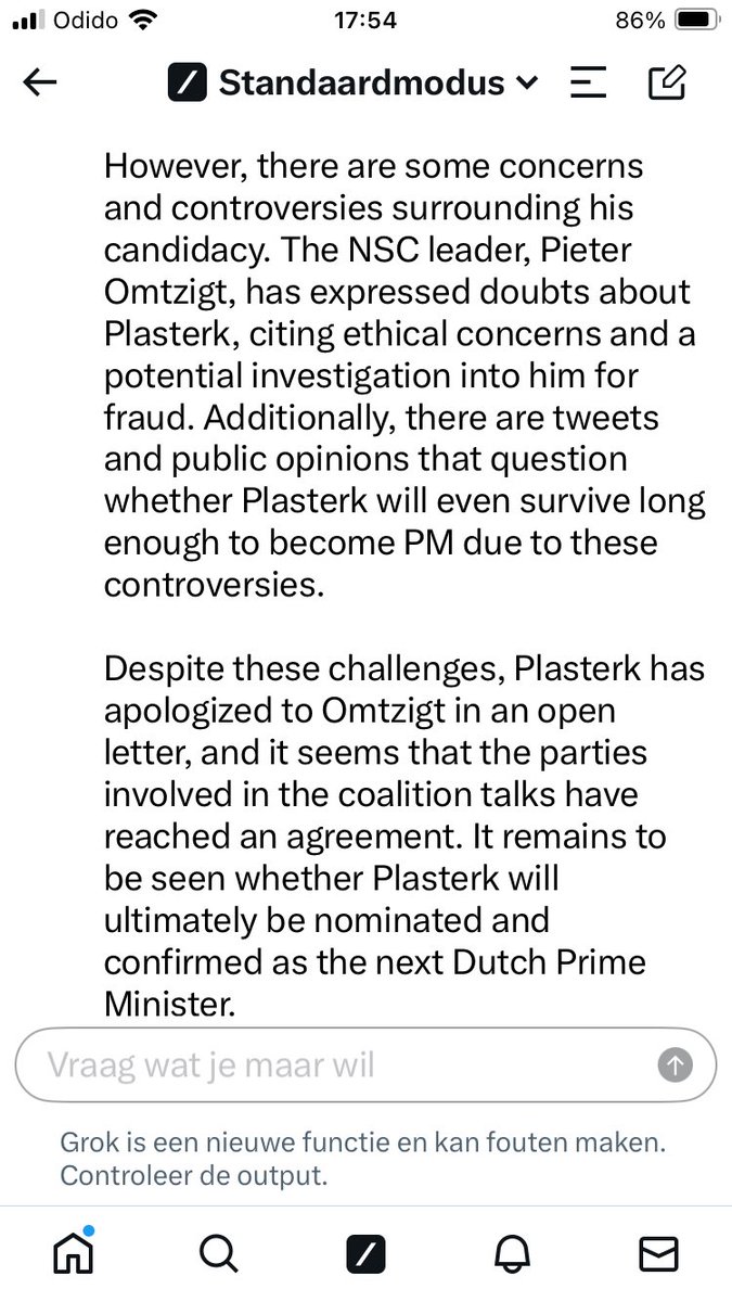 Heb aan #Grok (AI van X, te vergelijken met ChatGPT) gevraagd of Plasterk onze premier moet worden. Check hier het antwoord, zowel in ‘funmodus’ als in ‘standaardmodus’ 😊 #Plasterk #premier