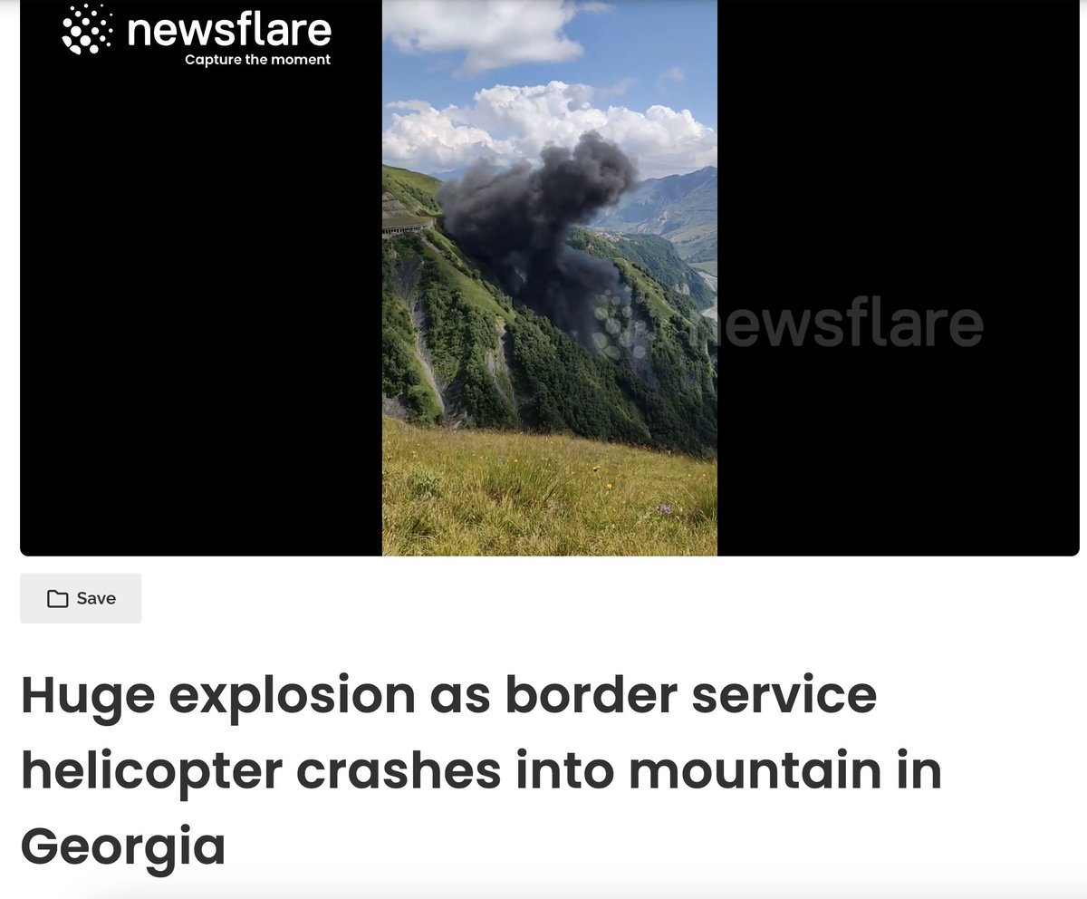 This video, viewed 400,000 times, falsely claims to show footage of a helicopter carrying Iranian President Ebrahim Raisi crashing today. The video is from July 2022, showing a border police rescue helicopter crashing in Gudauri, Georgia; fact-checked by @AuroraIntel.