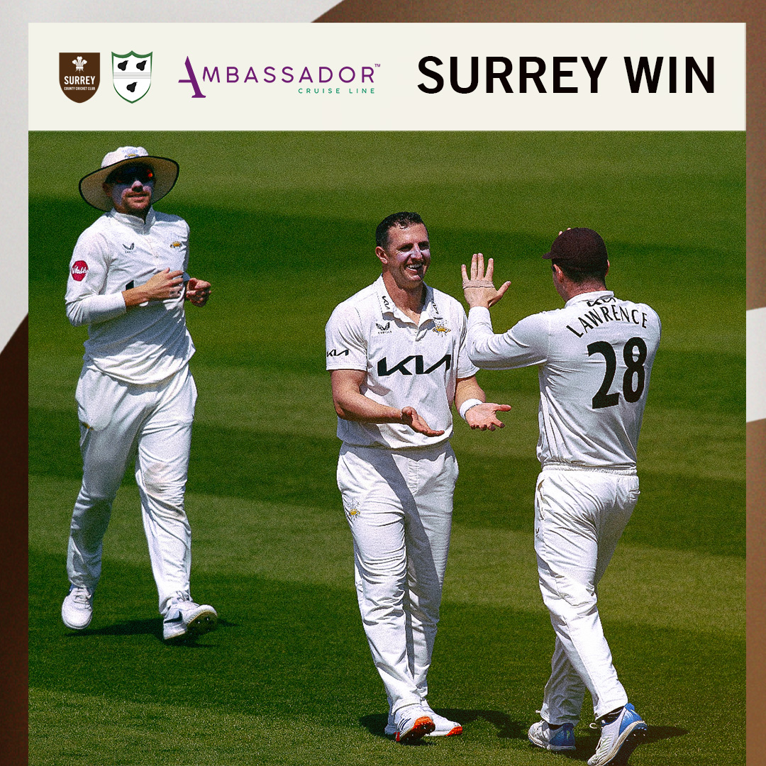 Victory by 281 runs against Worcestershire at The Kia Oval!

A brilliant team performance brings Surrey their fourth consecutive @CountyChamp win 👊

19 more points in the pocket 🔐

🤎 | #SurreyCricket