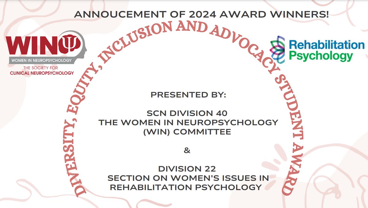 Follow along this week as we announce the winners of the Diversity, Equity, Inclusion, and Advocacy Student Award presented by @SCN_WIN and @APADiv22! Congratulations to all the winners! We'll be posting posting about each our these impressive winners this week!