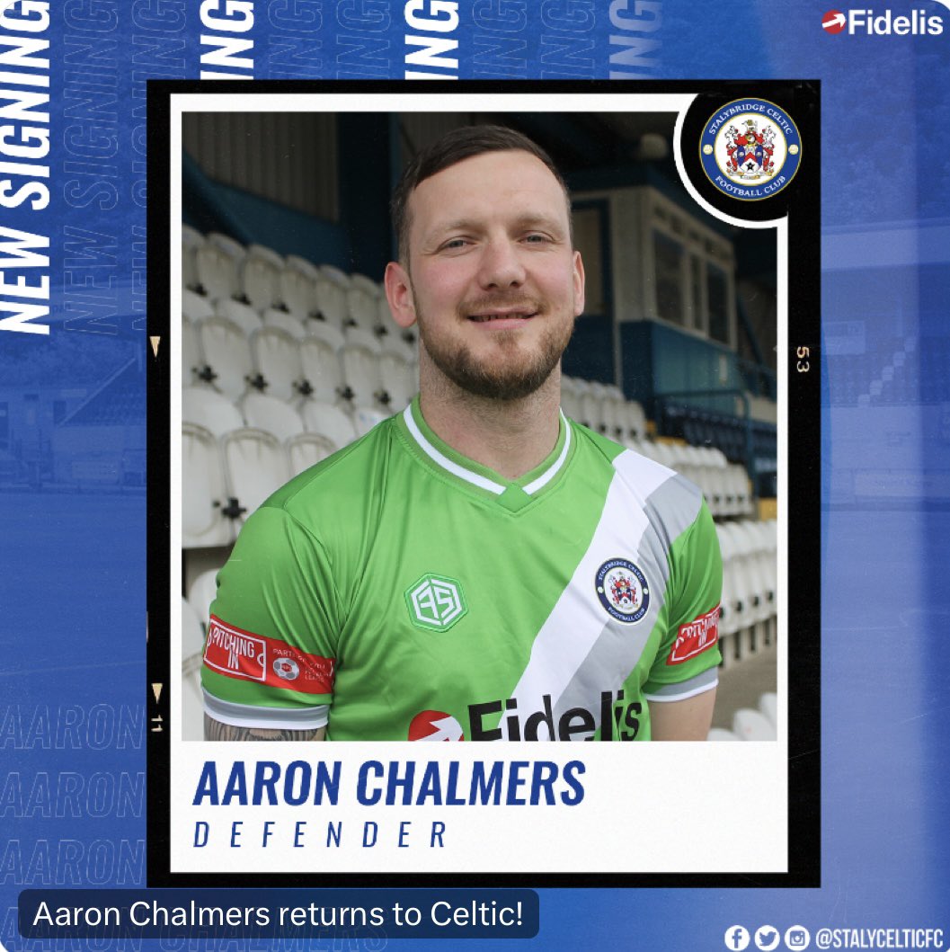 Stalybridge Celtic are not messing around this summer✍️

Aaron Chalmers has returned to Stalybridge, Aaron played for Celtic back in there conference north days, he is back after cleaning up at Prestwich Heys awards night winning 3 awards. 

Top signing🔵✍️Credit @StalyCelticFC