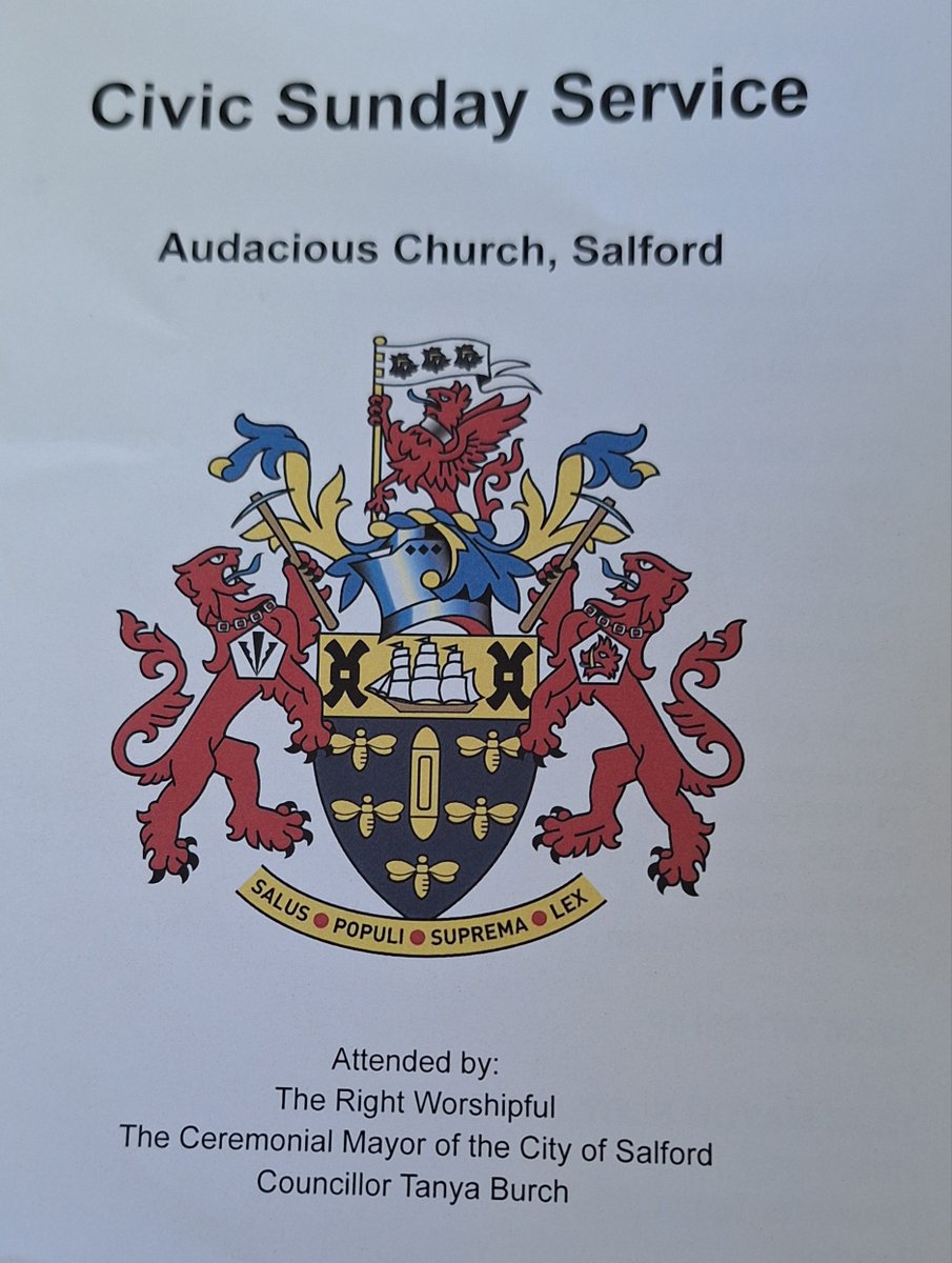 A honour to represent His Majesty's Lord Lieutenant @DianeHawkinsDL at #CivicSunday led by The Right Worshipful, The Ceremonial Mayor of the City of Salford Cllr Tanya Birch, her Consort & Mayoress to @audaciouschurch @MaryLizWalker1 @sueguides @GMLO_UK