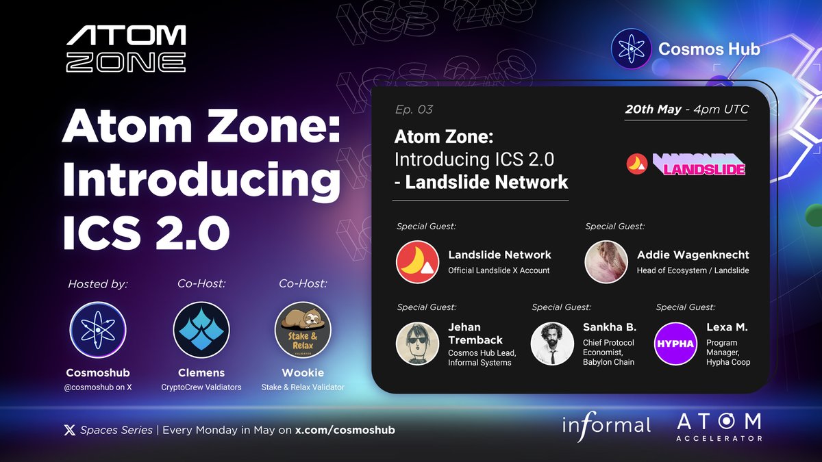 Sunday scaries? Don't worry, we've got something to make your Monday better. Join us tomorrow at 4pm UTC for Atom Zone: Introducing ICS 2.0. Potential consumer chain @Landslide_Labs joins us for a jam-packed episode w/ special guests 👀 Set a reminder: x.com/i/spaces/1owxw…