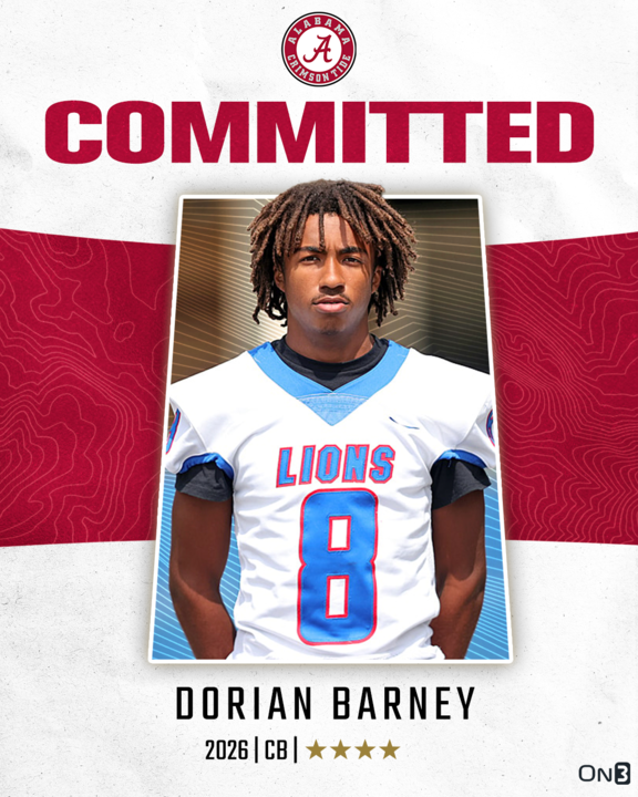 🚨BREAKING🚨 2026 4-star CB Dorian Barney has committed to Alabama🐘 He ranks No. 41 NATL. (No. 3 CB) in the 2026 On300 More from @ChadSimmons_: on3.com/college/alabam…