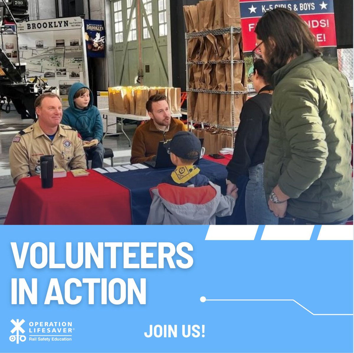 Oregon volunteer Matt B., left, was part of a recent event at the Oregon Rail Heritage Center sharing rail safety education with 200 Cub Scouts and chaperones. We are grateful to Matt and all our dedicated volunteers! Join us: bit.ly/3cAb0Oo