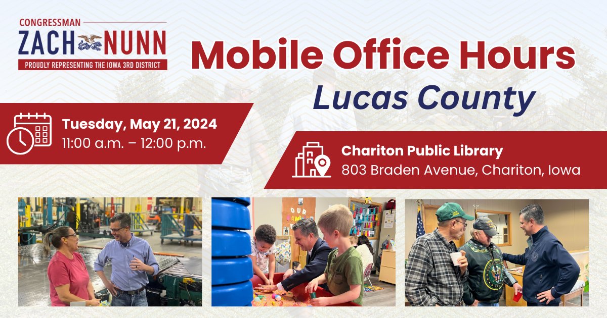 We’ll be in Chariton for mobile office hours on Tuesday. Please stop by if you need help with your Social Security, Medicare, taxes, VA benefits, or any other federal agency. I’m honored to fight for you.