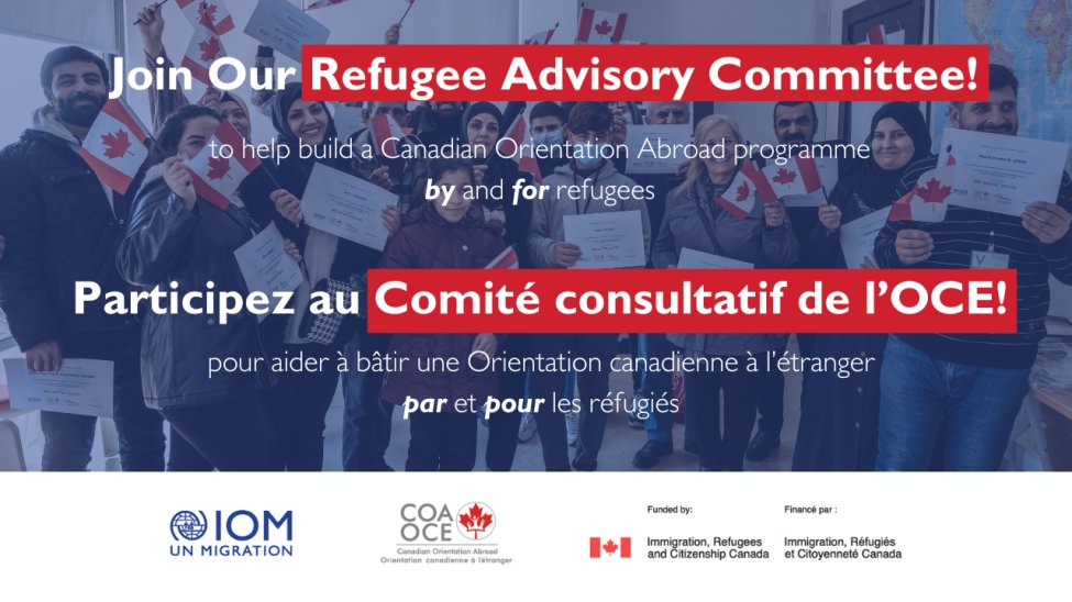 🚨 Apply to join the Refugee Advisory Committee for Canadian Orientation Abroad! Earn CAD $40/hour, work remotely, and make a difference. Apply by 31 May 2024! 🔗 shorturl.at/L04qB #RefugeeVoices #COA #Canada #IOM #JoinUs