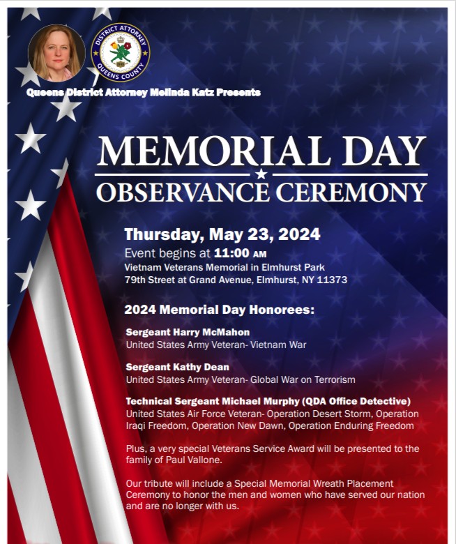 Join us on Thursday, May 23 as we pay tribute to the men and women who have served our nation. A special Veterans Service Award will be presented to the family of Paul Vallone. The #MemorialDay Observance will take place at the Vietnam Veterans Memorial in Elmhurst Park.
