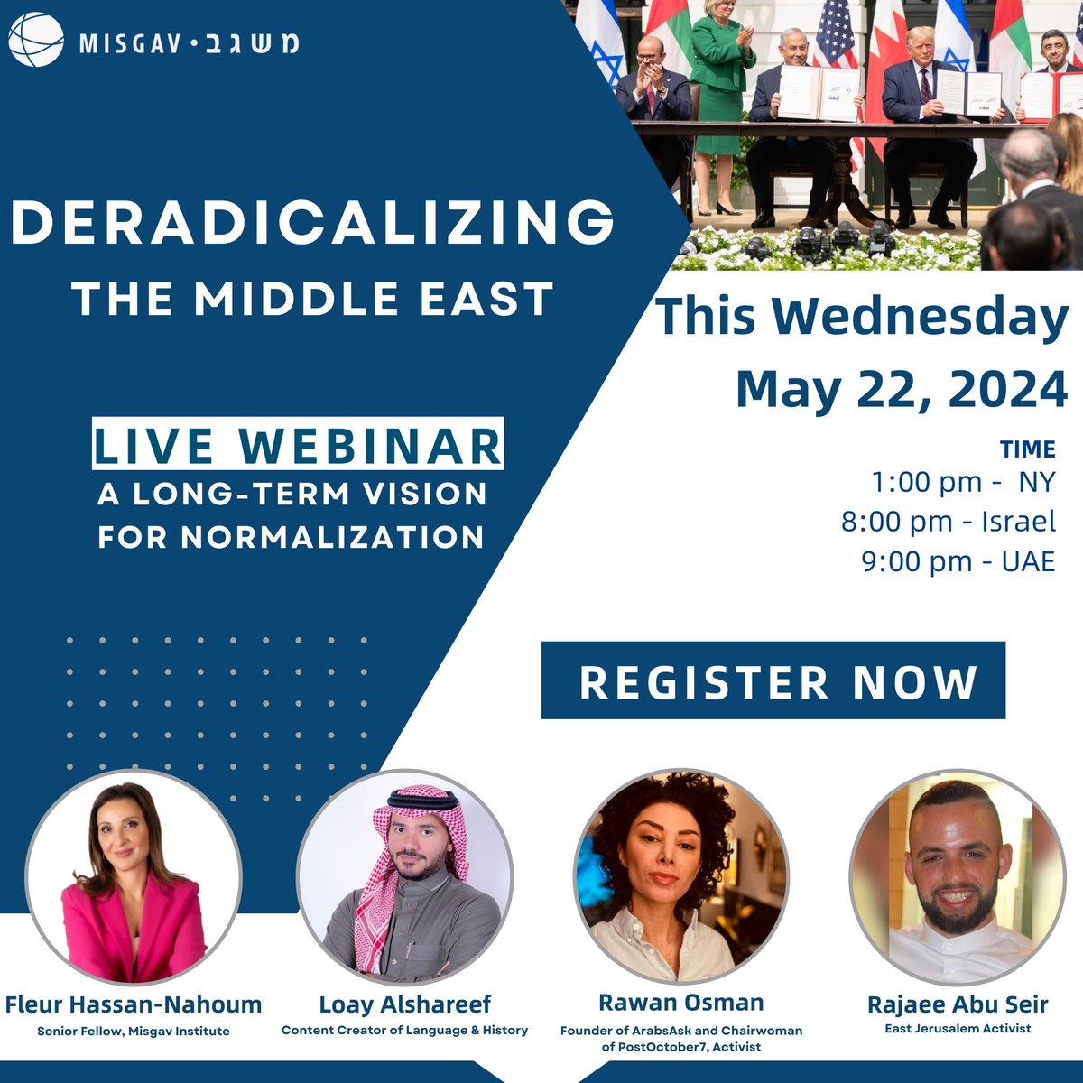 A Long-Term Vision for Normalization The Misgav Institute invites you to a webinar on “Deradicalizing the Middle East”, with Fleur Hassan-Nahoum, Loay Alshareef, Rawan Osman & Rajaee Abu Seir. Register Now! 🔽 bit.ly/4dATOsa @FleurHassanN @lalshareef @RawaneOsmane